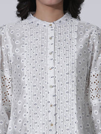 W Geometric Print Mandarin Collar Puff Sleeve Shirt Style Top