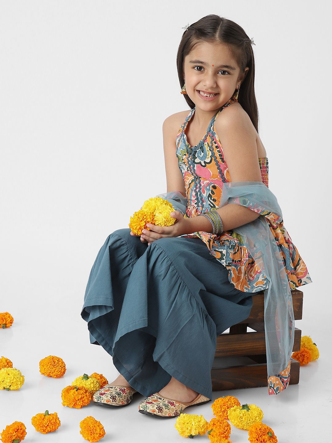 Nautinati Girls' Printed Kurti Sharara Set with Dupatta