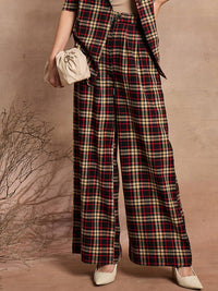 SASSAFRAS Women Cotton Checked Relaxed High-Rise Trousers