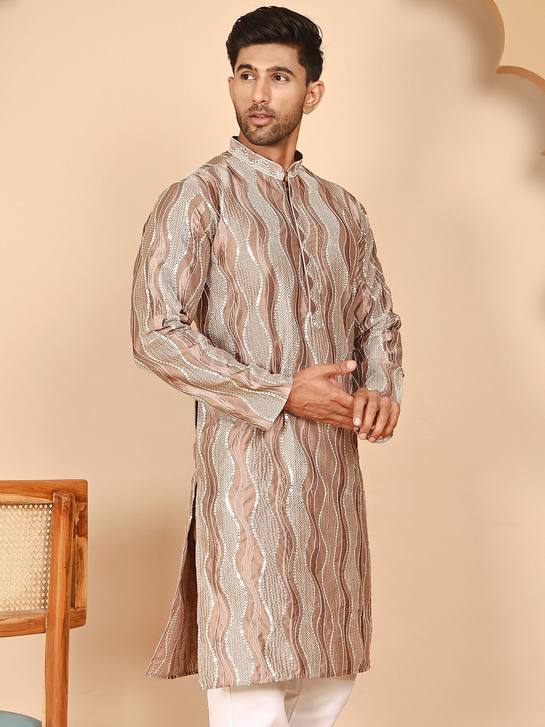 Jompers Floral Embroidered Mandarin Collar Mirror Work Silk Kurta With Dupatta