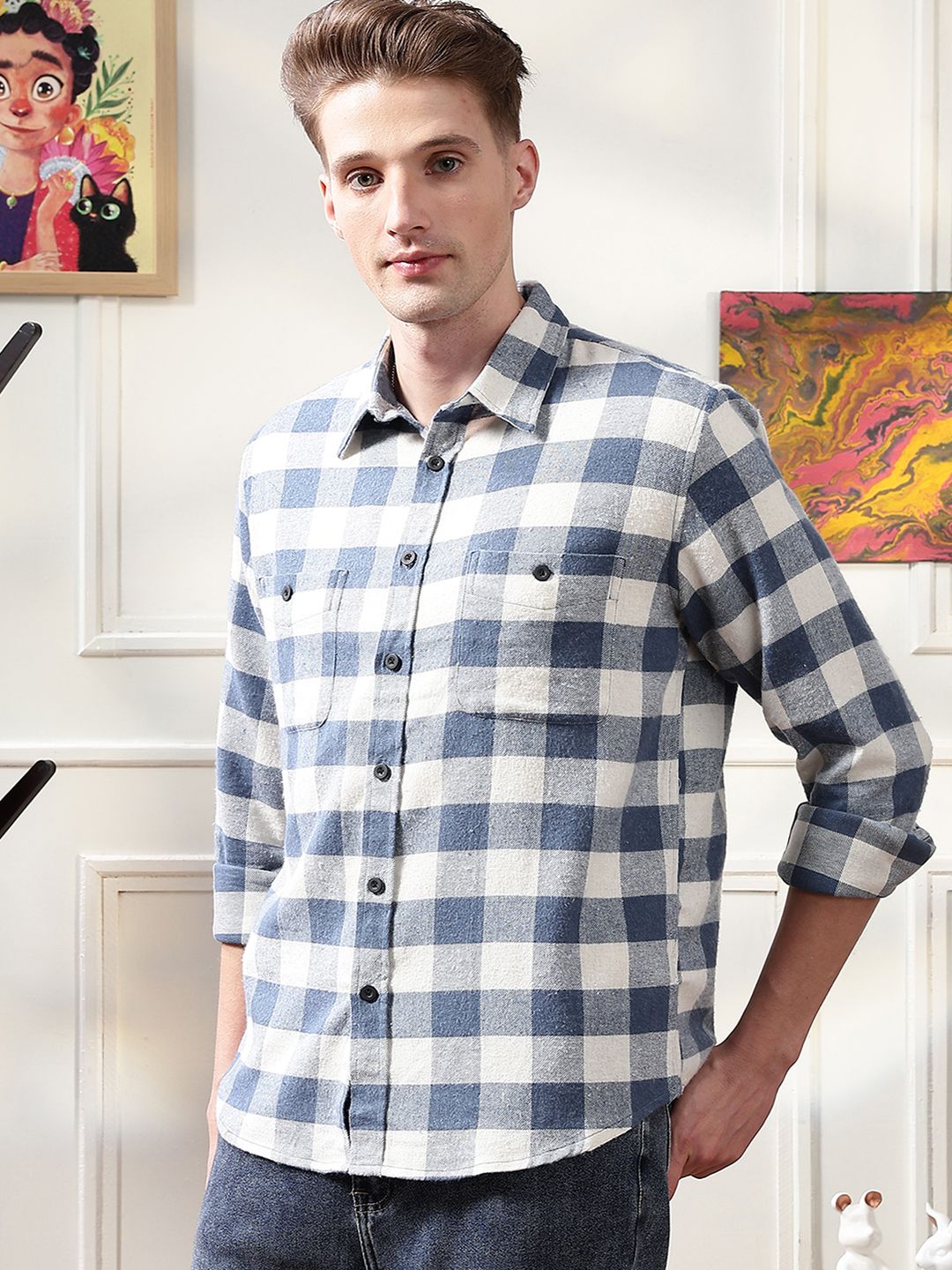 Eszett Men Buffalo Checked Spread Collar Casual Shirt