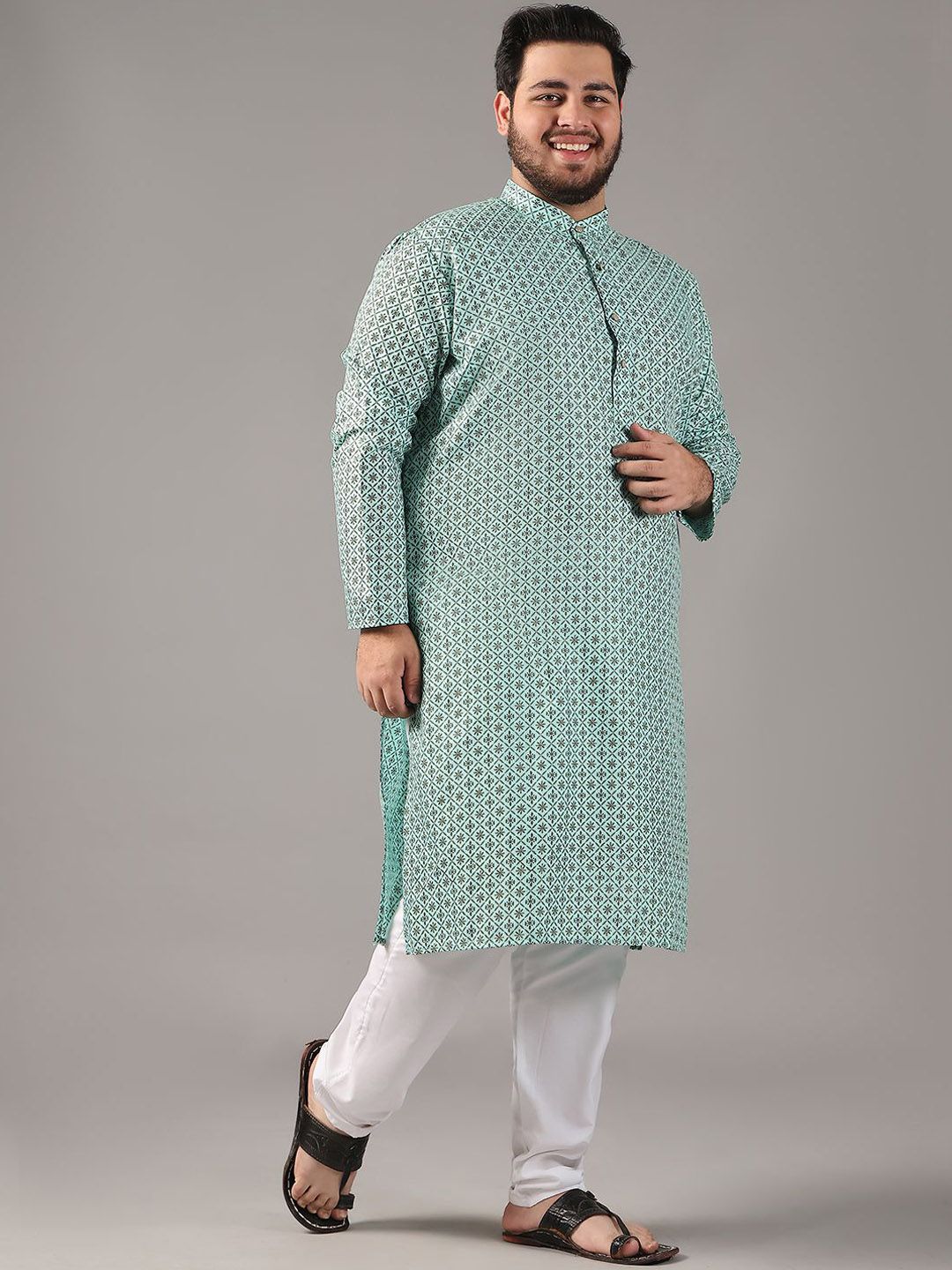 SOJANYA PLUS Plus Size Lelaki Motif Etnik Bercetak Cotton Linen Kurta Lurus Dengan Piyama