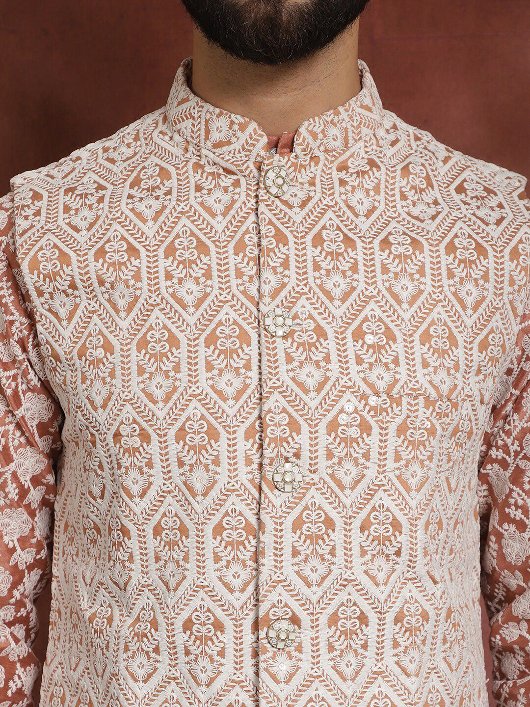 Anouk Floral Embroidered Regular Kurta with Churidar & Nehru jacket