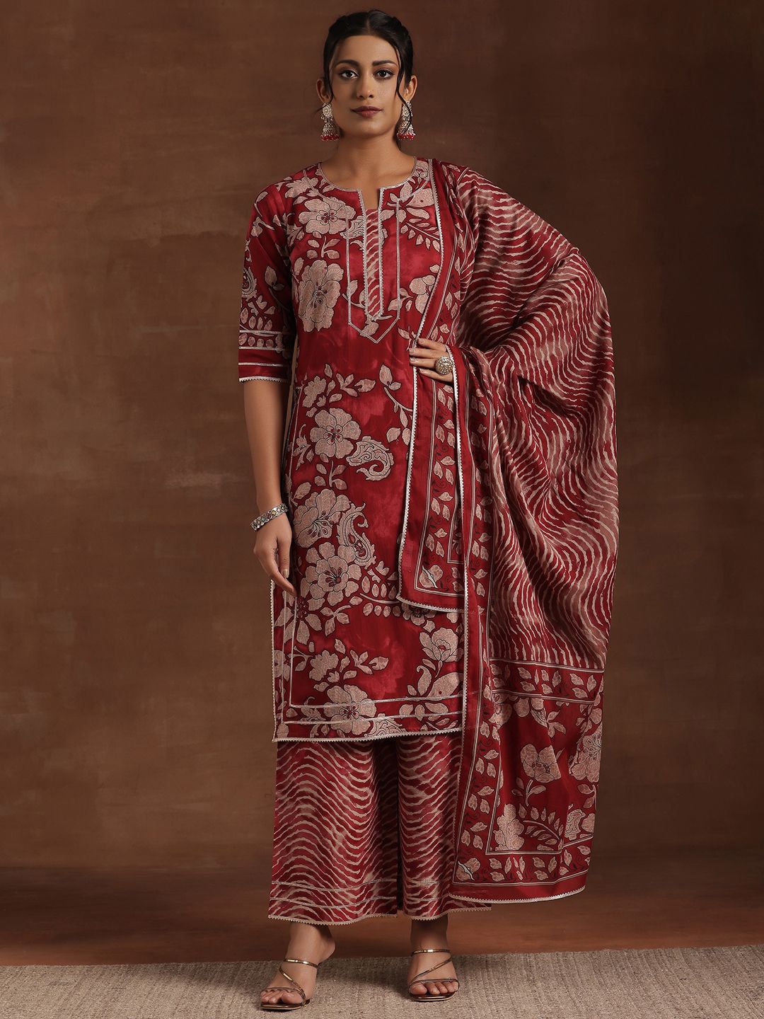 Libas Floral Printed Gotta Patti Pure Cotton Straight Kurta With Palazzo & Dupatta