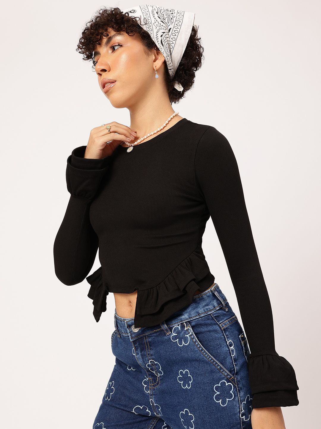 DressBerry Ruffle Charm Ribbed Bell Sleeve Crop Top