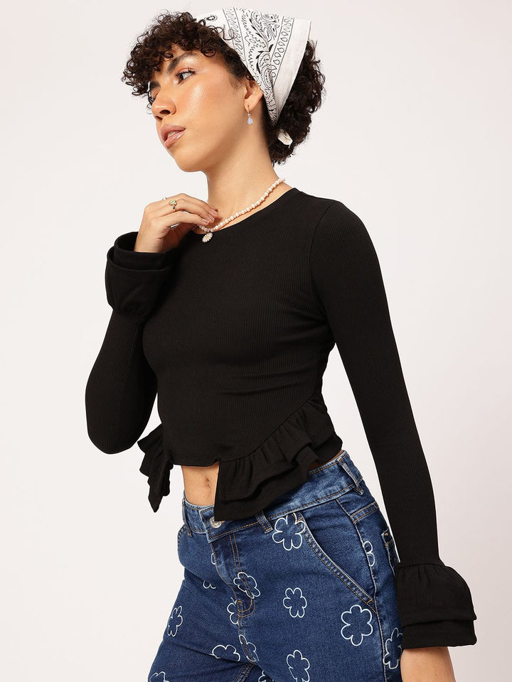 DressBerry Ruffle Charm Ribbed Bell Sleeve Crop Top