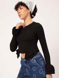 DressBerry Ruffle Charm Ribbed Bell Sleeve Crop Top