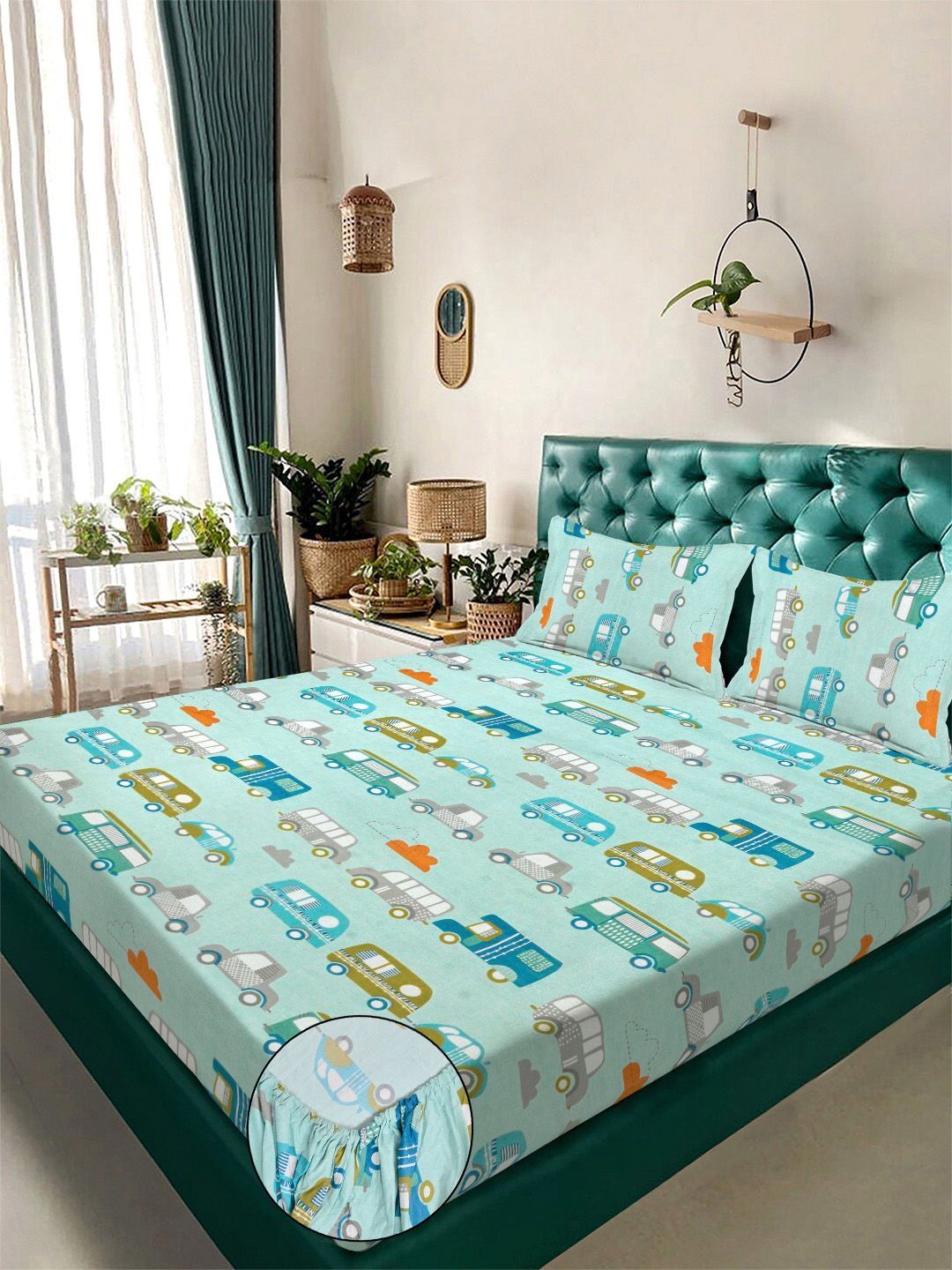 Myntra Elegant Homes Watak Kartun Hijau 300 TC Cadar Katil King dengan 2 Sarung Bantal