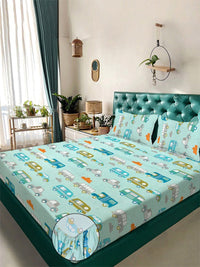 Myntra Elegant Homes Watak Kartun Hijau 300 TC Cadar Katil King dengan 2 Sarung Bantal