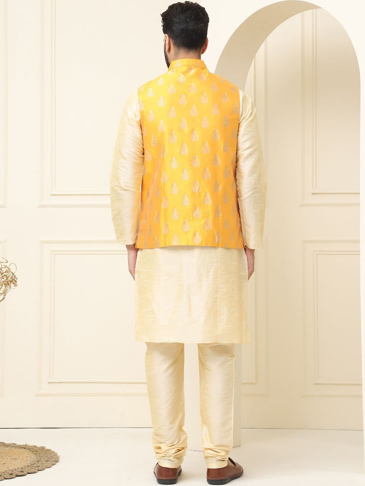SOJANYA Mandarin Collar Zari Silk Cotton Straight Kurta with Pyjamas & Nehru jacket