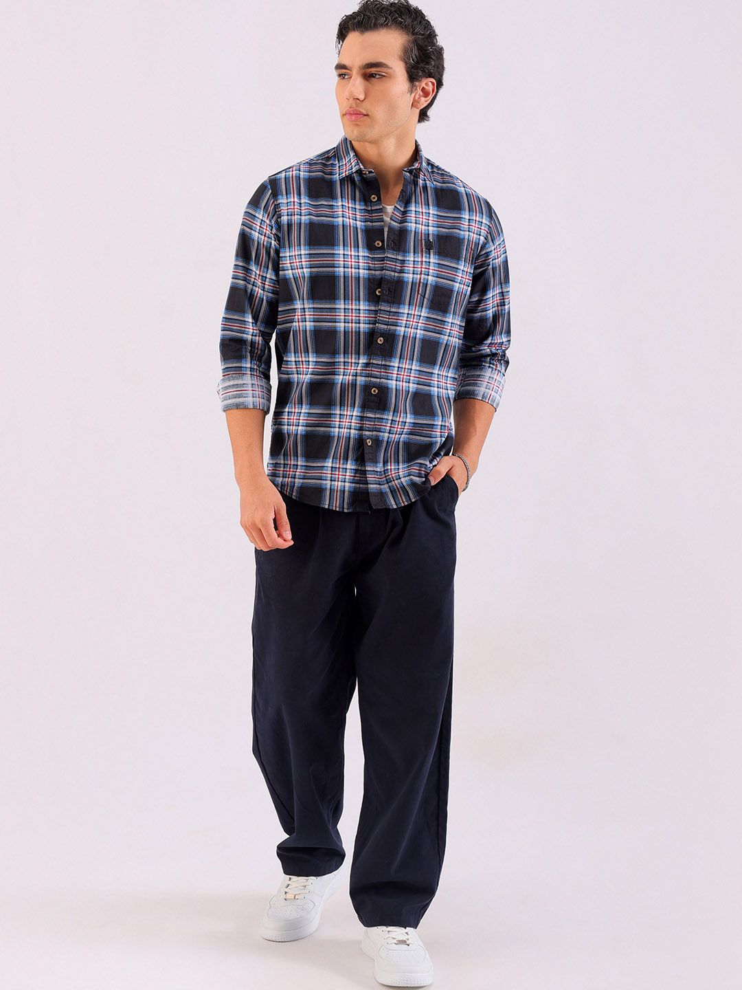 The Indian Garage Co Men Black & Grey Checked Pure Cotton Casual Shirt
