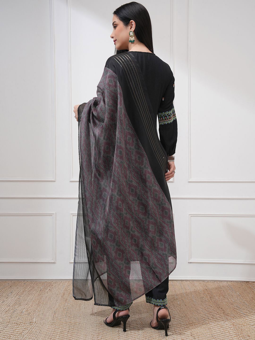 Vishudh Floral Embroidered Tie-Up Neck A-Line Kurta With Trousers & Dupatta