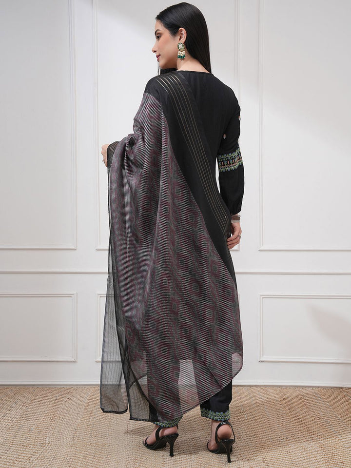Vishudh Floral Embroidered Tie-Up Neck A-Line Kurta With Trousers & Dupatta