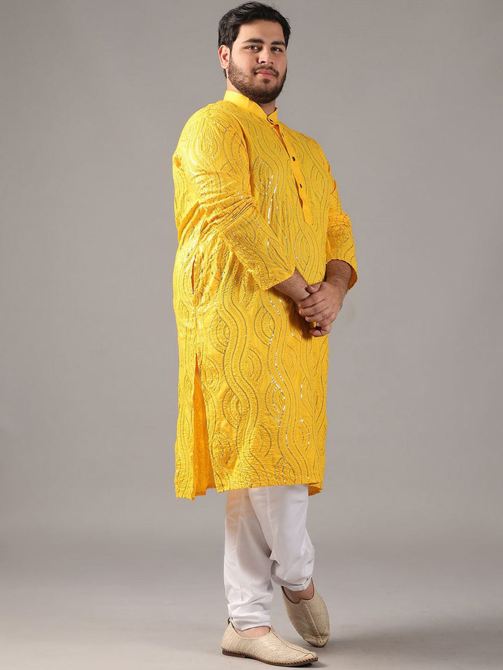 SOJANYA PLUS Plus Size Men Floral Embroidered Sequnnied Pure Cotton Kurta With Pyjamas