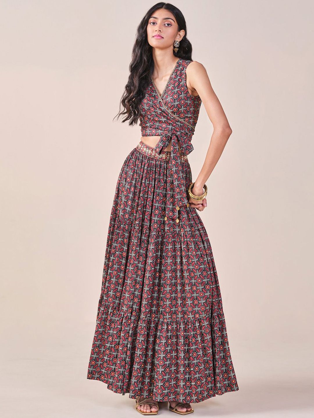 Global Desi Geometric Printed Sleeveless Top With Skirt