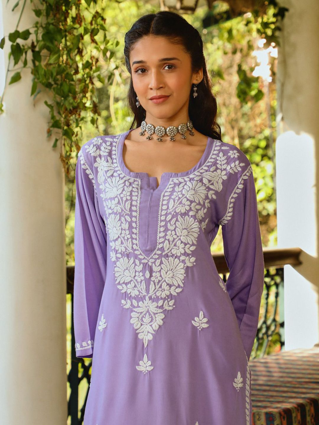 House of Chikankari Women Lavender Rayon Chikankari Embroidered Kurta
