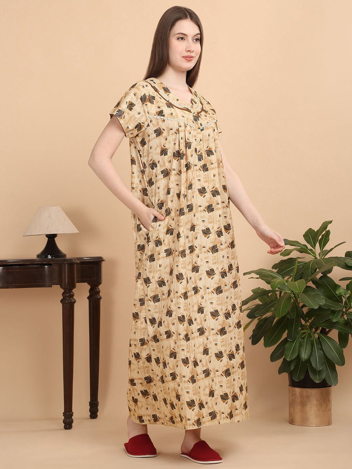 Sweet Dreams Women Pure Cotton Geometric Printed Maxi Nightdress