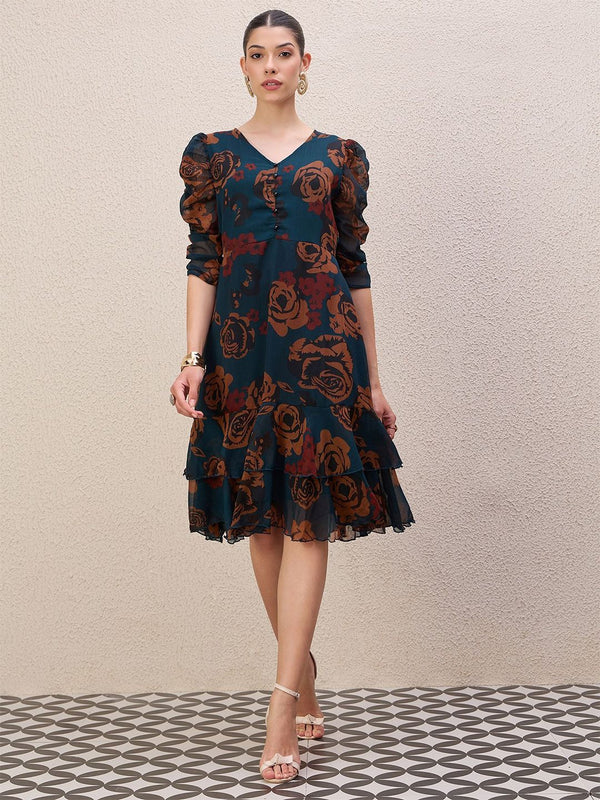 Antheaa Women Ethnic Motifs Print Puff Sleeve Gathered or Pleated A-Line Knee Length Dress