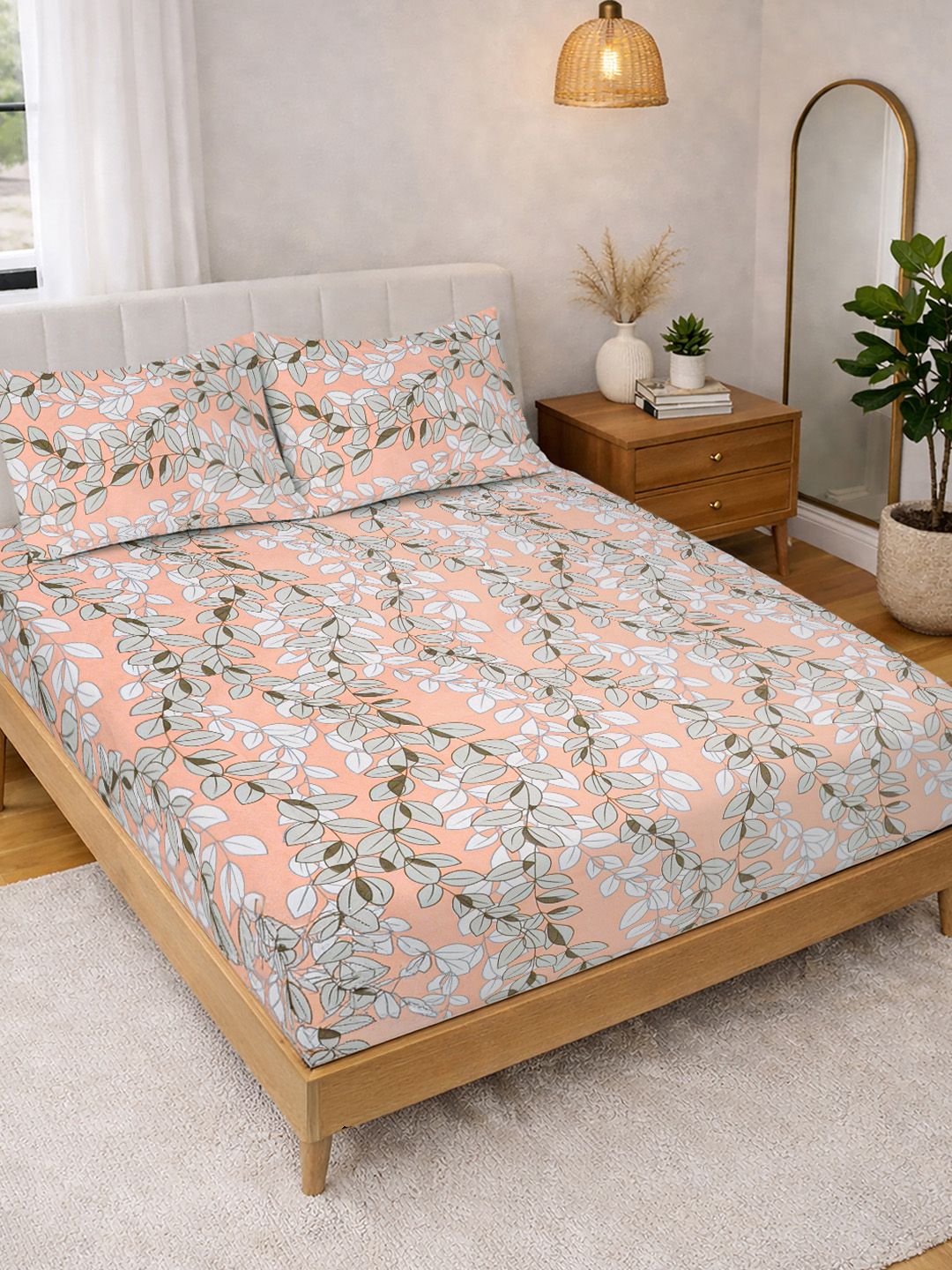KLOTTHE Oren & Putih Bercetak 300 TC Cadar Katil Double Dengan 2 Sarung Bantal- 2.5 m x 2.25 m