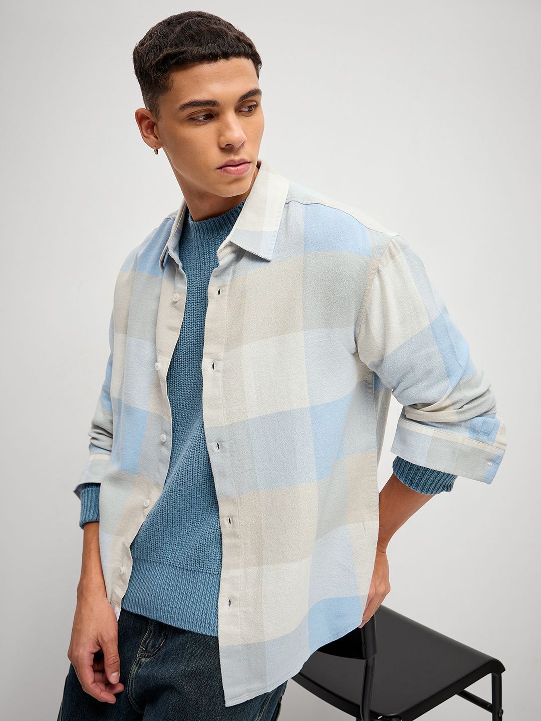THE BEAR HOUSE Men Checked Slim Fit Cotton Oversized Casual Shirt