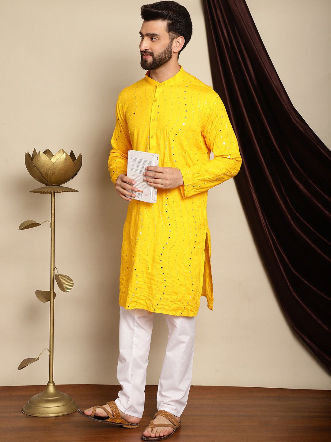 Anouk Navy Blue Embroidered Sequinned Pure Cotton Kurta with Churidar
