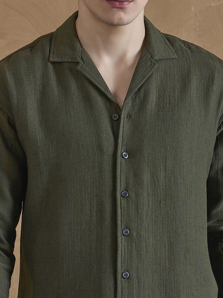 DENNISON Men Olive Double Gauge Self Design Shirt