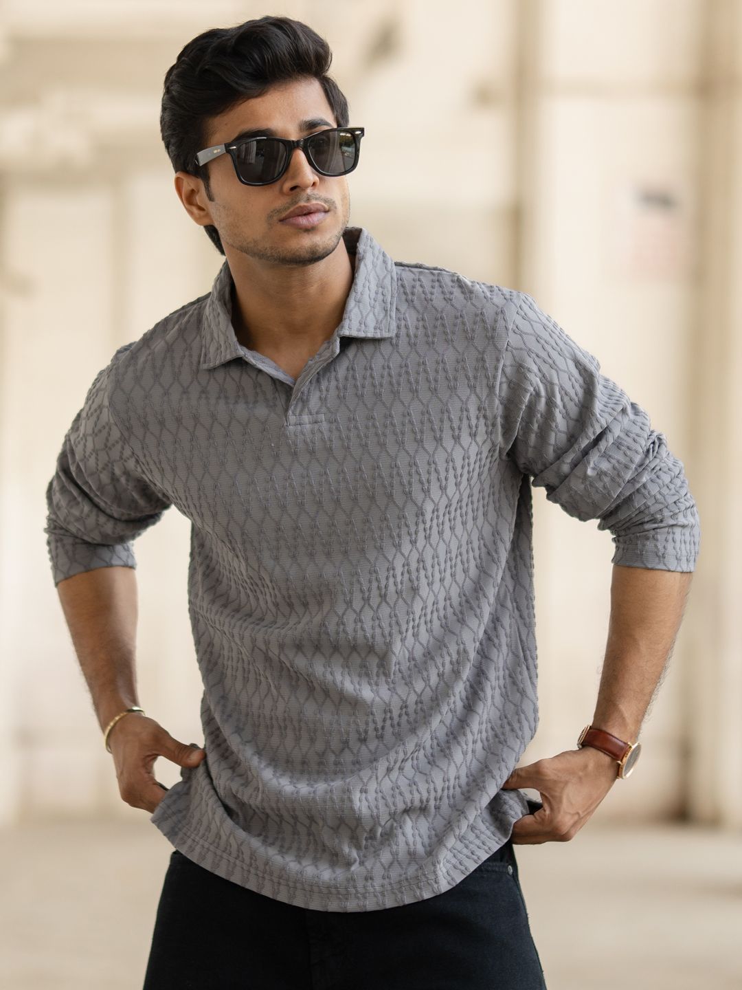 Powerlook Men Self Design Polo Collar T-shirt