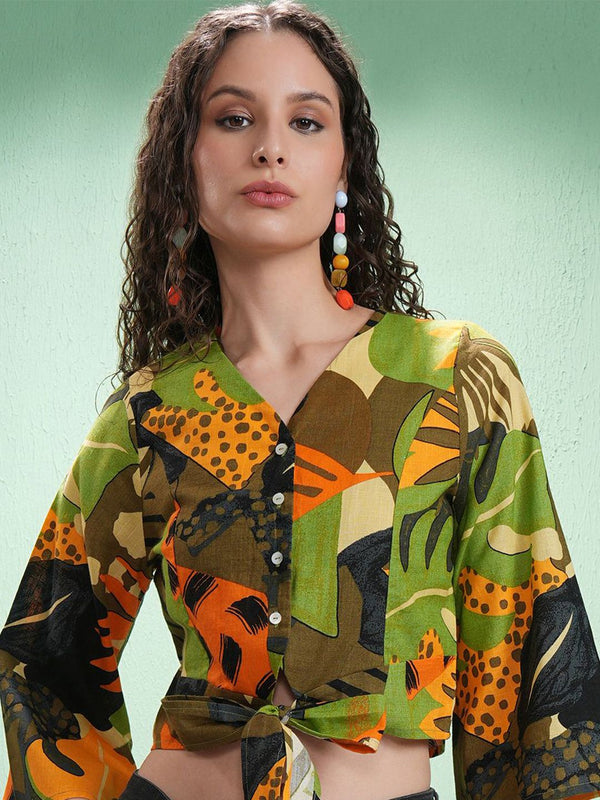 Vishudh Print Flared Sleeve Cotton Crop Top