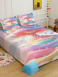 Cetakan Bunga Biru & Merah Jambu Dilengkapi Cadar 7D 400 TC Double King Dengan 2 Sarung Bantal