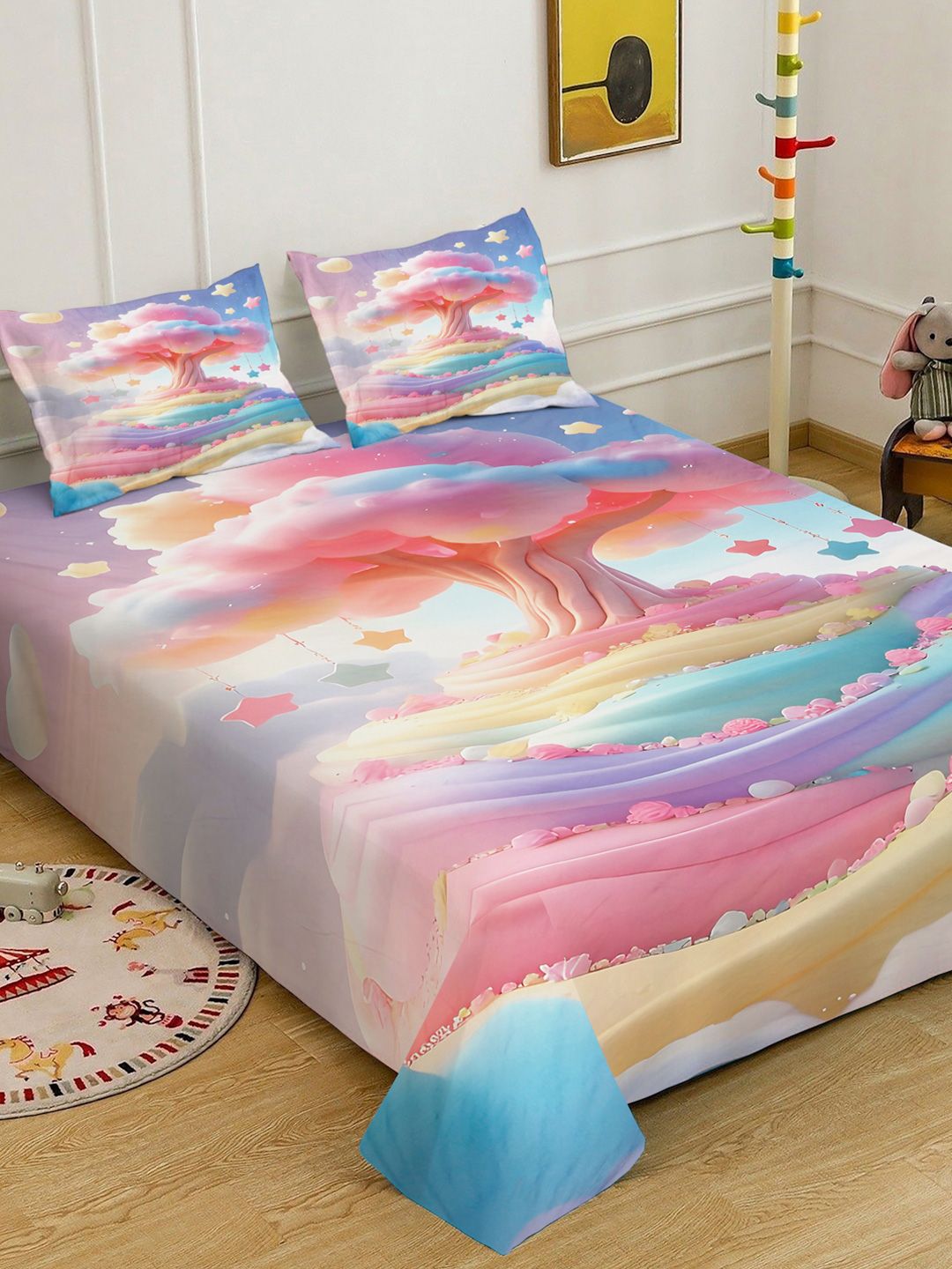 Cetakan Bunga Biru & Merah Jambu Dilengkapi Cadar 7D 400 TC Double King Dengan 2 Sarung Bantal