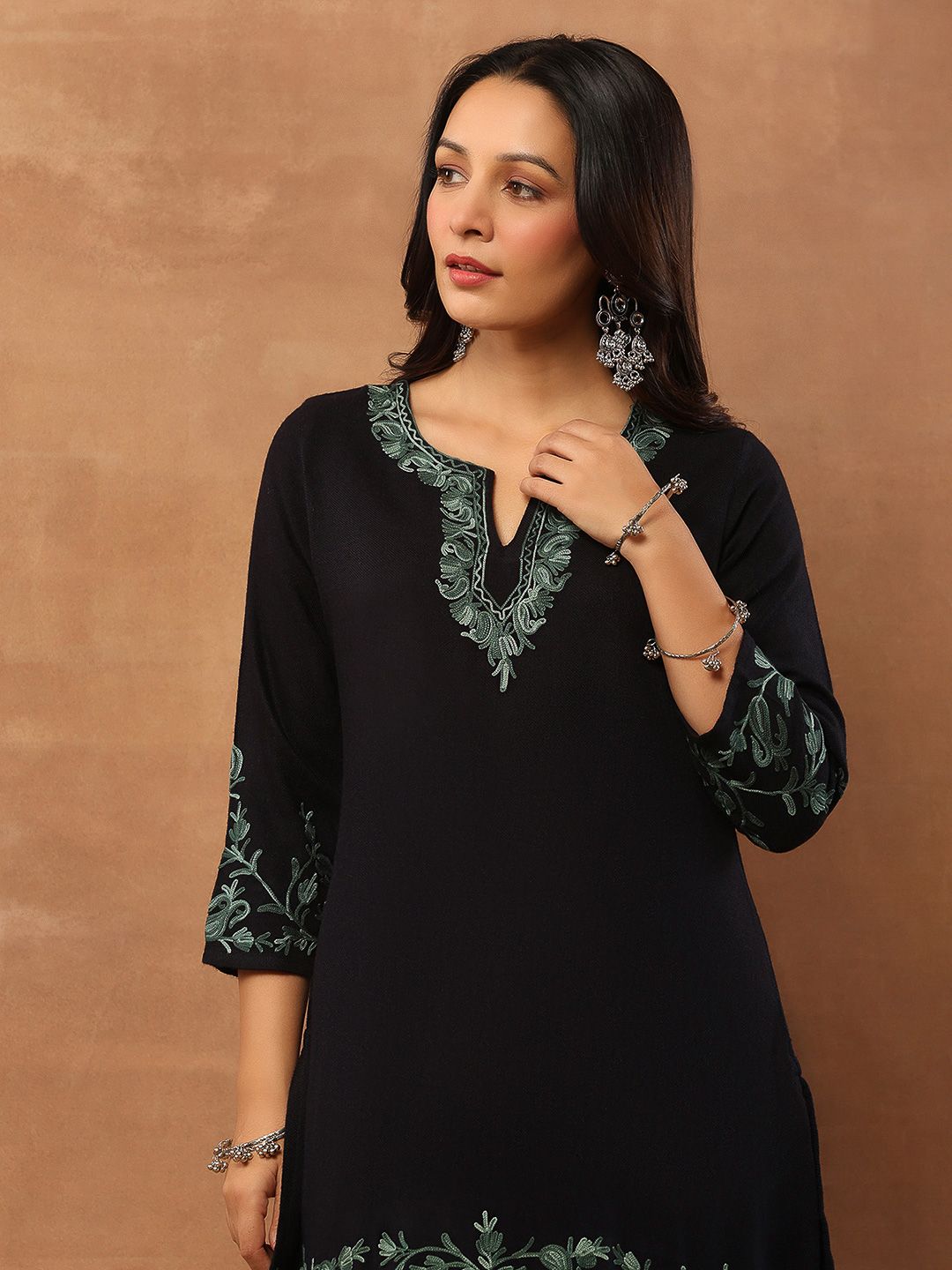 House of Chikankari Women Black Woolen Aari Sulam Kurta