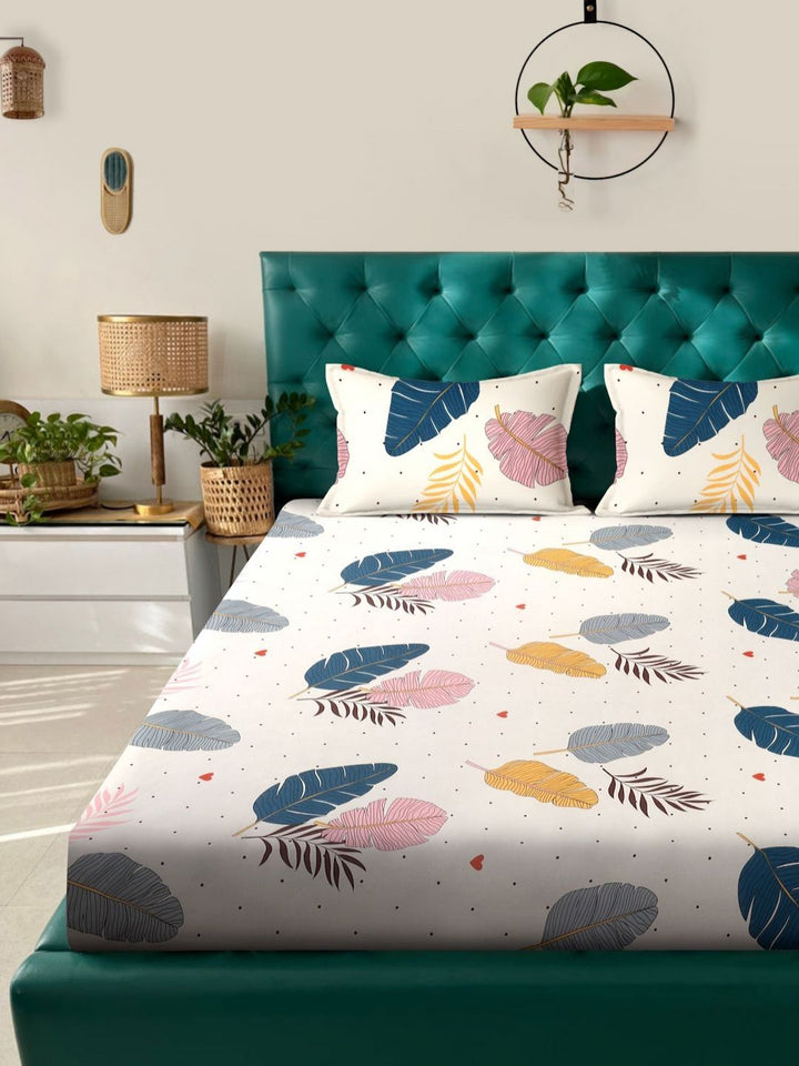 Aura Cream Leaf Polycotton 300 TC Fitted King Fine Bedsheet dengan 2 Sarung Bantal-98 x 89 inci