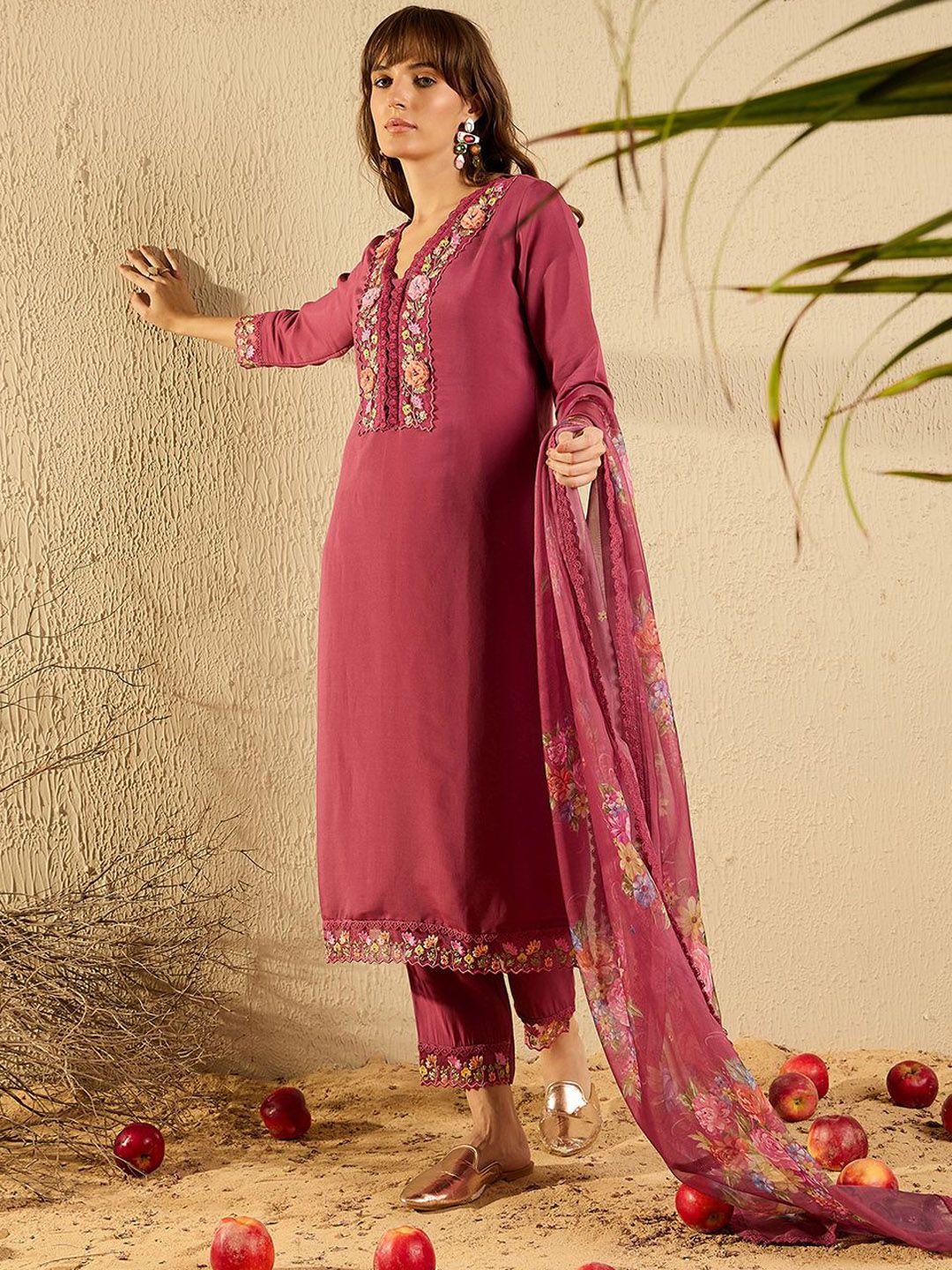 Indo Era Women Floral Yoke Design Regular Thread Work Kurta with Trousers & With Dupatta