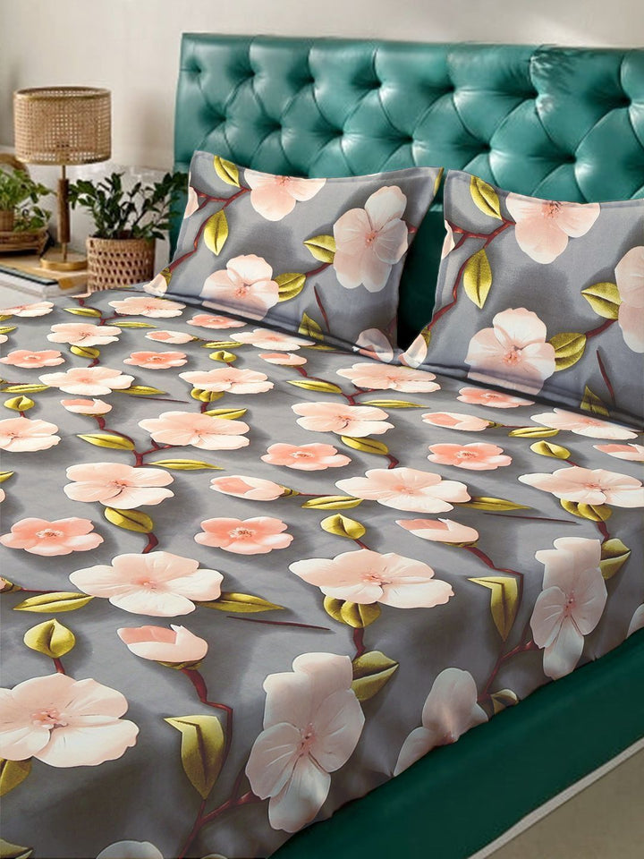 Myntra Elegant Grey Floral 300 TC King 7D Bedsheet with 2 Pillow Covers