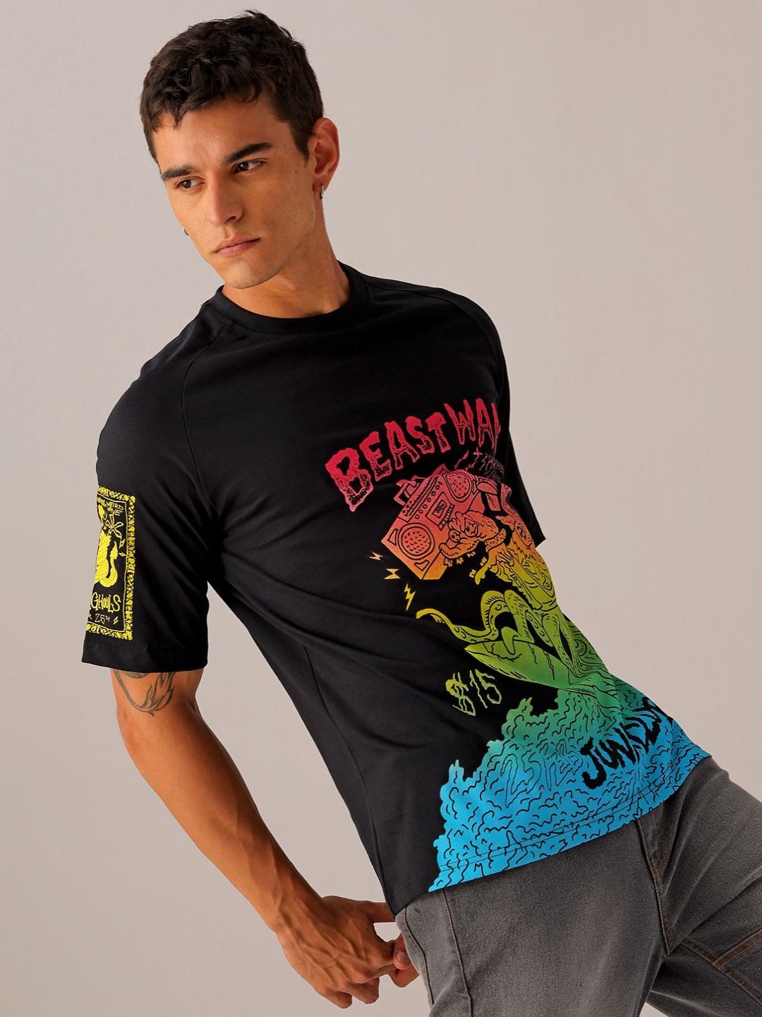 The Indian Garage Co Men Graphic Printed Round Neck Cotton Oversized T-Shirt