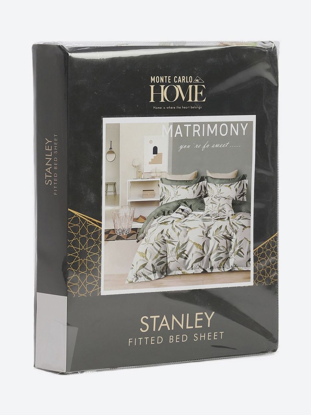 Monte Carlo Stanley White & Olive Green Printed 144 TC King Bedsheet Set 1.85 m x 1.95 m