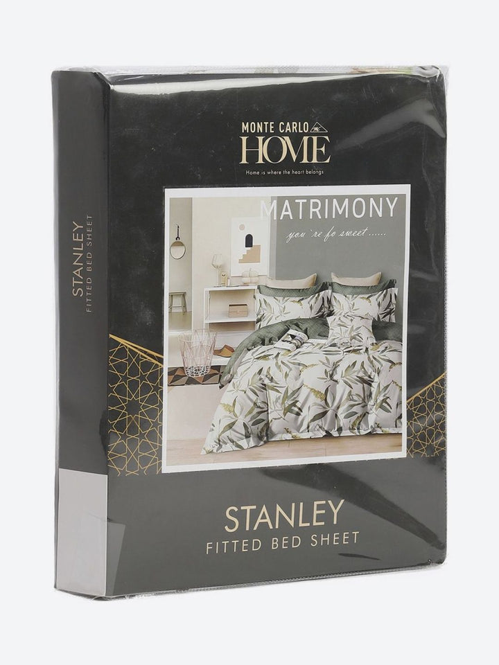 Monte Carlo Stanley White & Olive Green Printed 144 TC King Bedsheet Set 1.85 m x 1.95 m