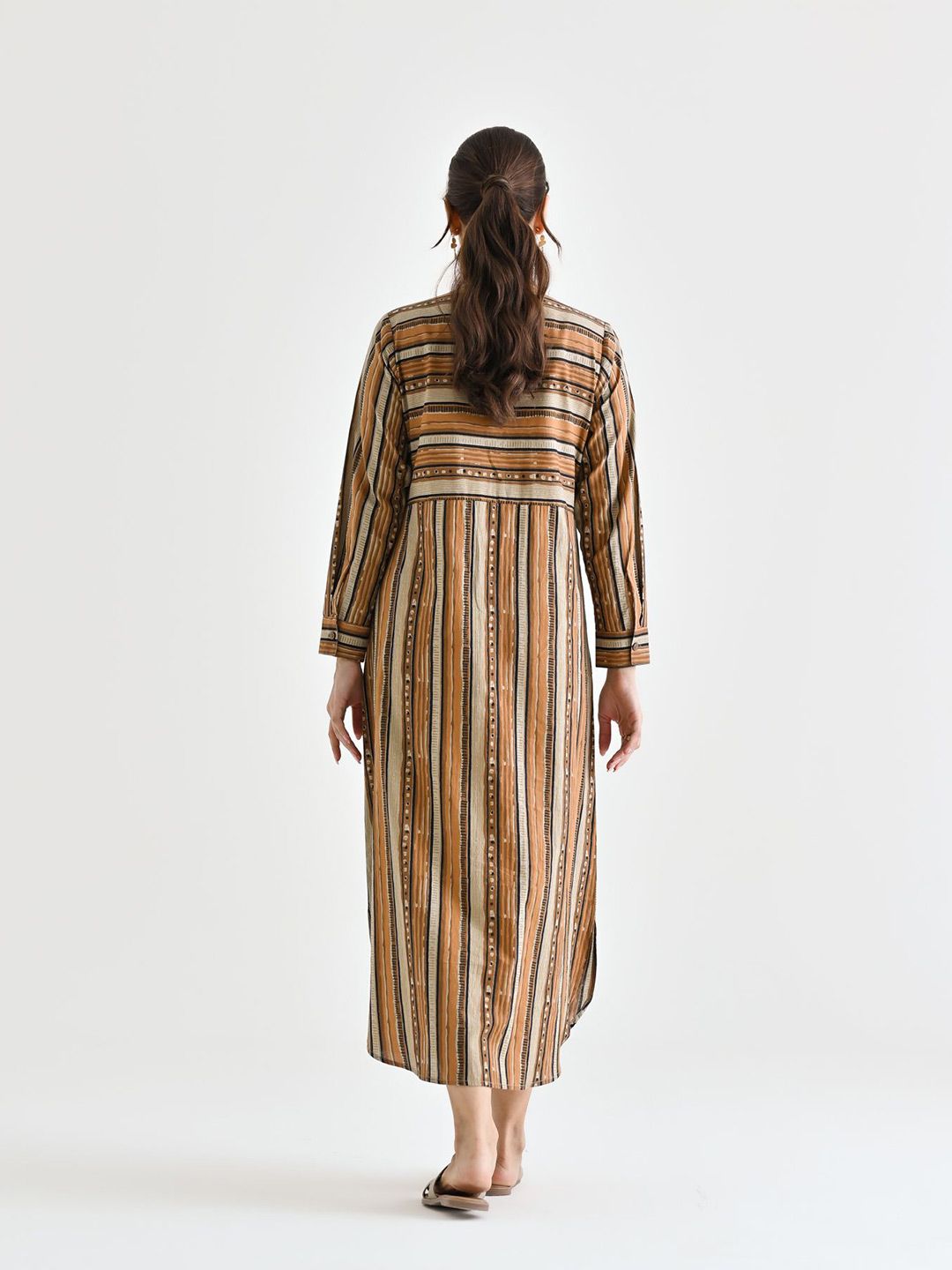 Rustorange Women Striped Cotton Shirt Collar Shirt Midi Dress