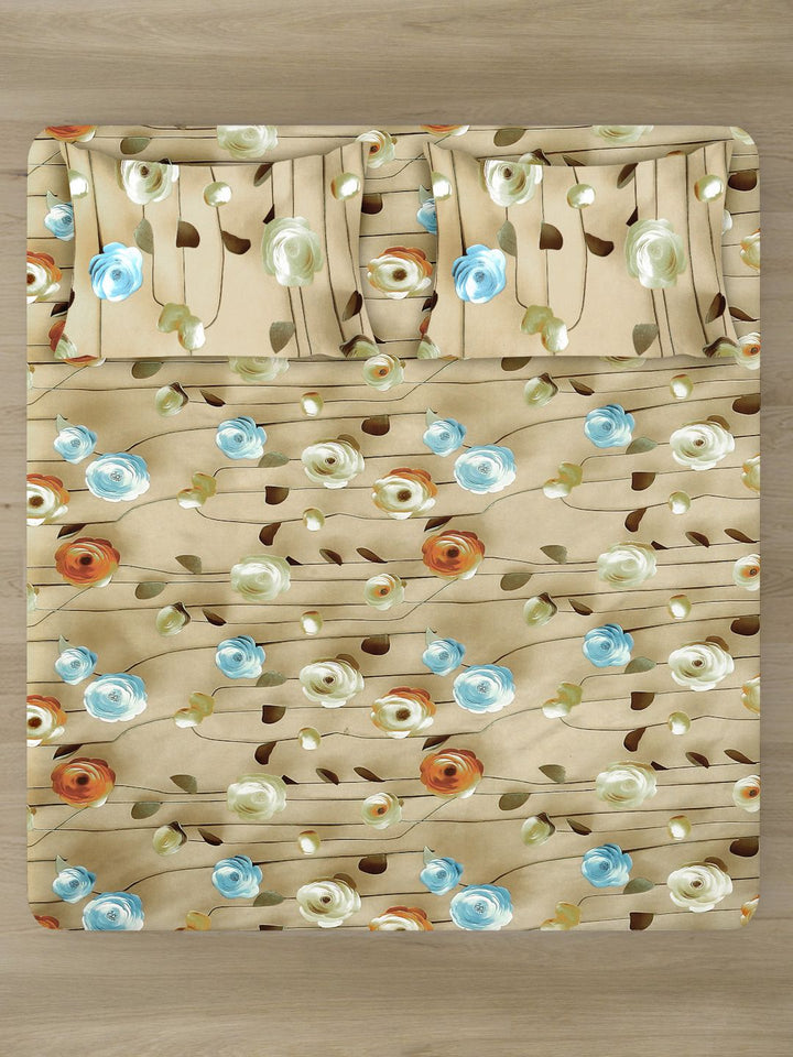 KLOTTHE Beige Floral Printed Fitted 300 TC King 7D Bedsheet With 2 Pillow Cover