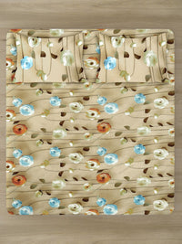 KLOTTHE Beige Floral Printed Fitted 300 TC King 7D Bedsheet With 2 Pillow Cover
