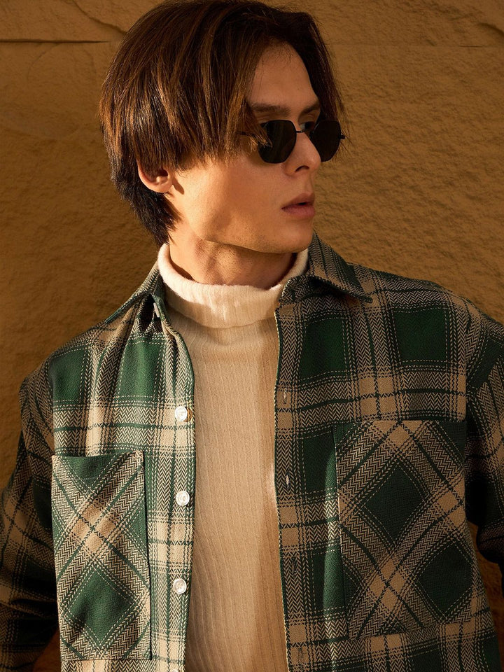 DENNISON Men Double Pocket Drop Shoulder Oversized Cotton Checked Shacket