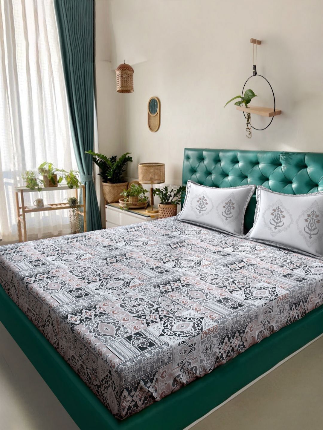 Myntra Elegant Homes Grey Ethnic Pure Cotton 400TC Super King Bedsheet Set-2.7mX2.7m