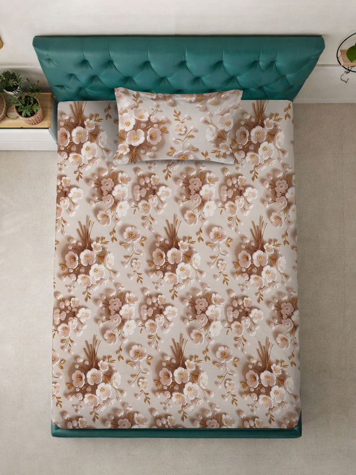 KLOTTHE Cream & Brown Floral Printed Flat 300 TC Single 7D Bedsheet With Pillow Cover