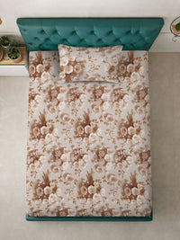 KLOTTHE Cream & Brown Floral Printed Flat 300 TC Single 7D Bedsheet With Pillow Cover