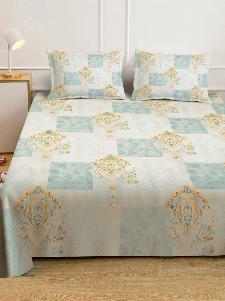 KLOTTHE Green Geometric Printed Fitted 400 TC King 7D Bedsheet with 2 Pillow Covers