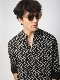 VASTRADO Chevron Ikat Printed Mandarin Collar Straight Short Kurta