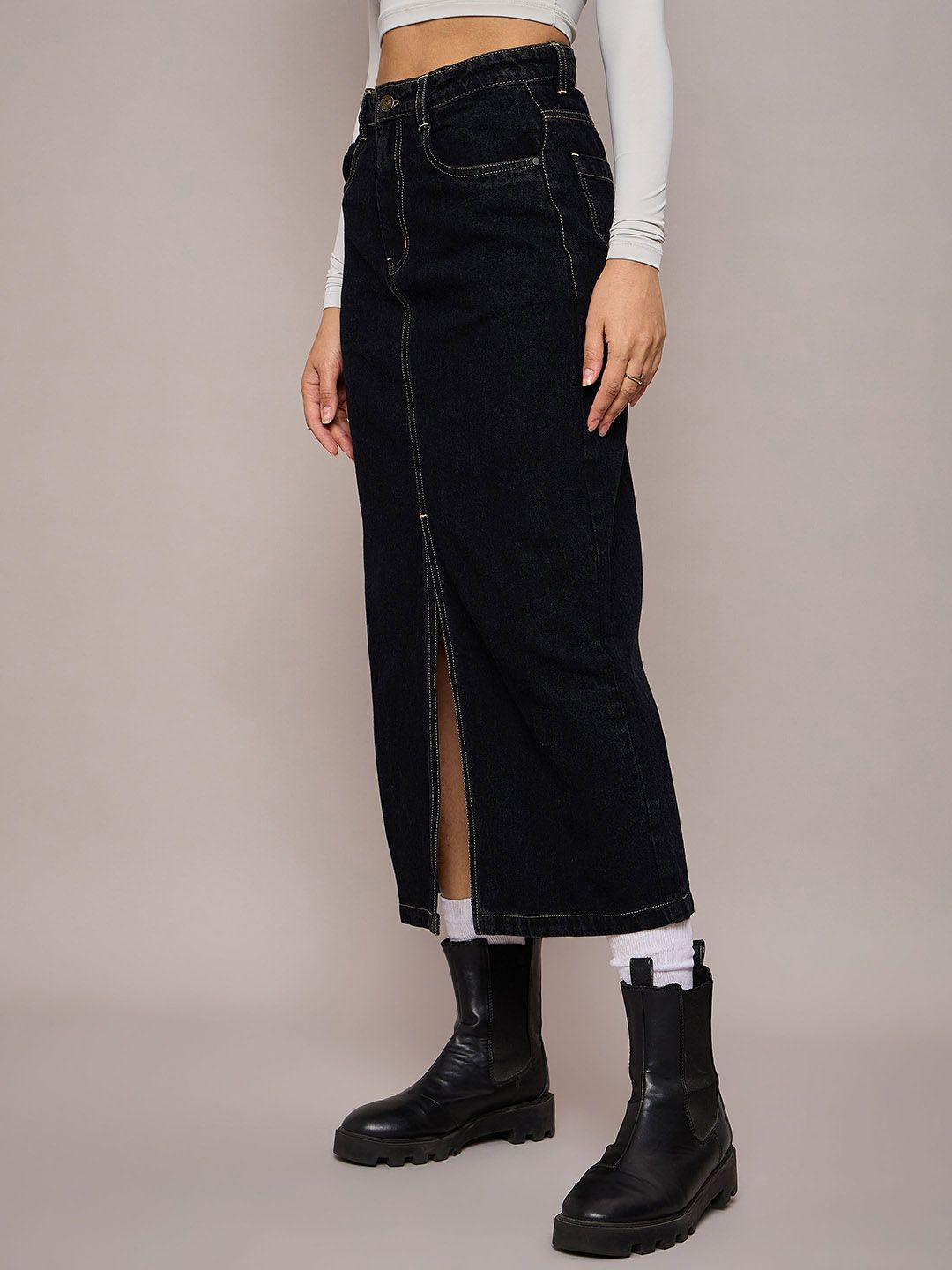 SASSAFRAS BASICS Women Denim Front-Slit A-Line Midi Skirt