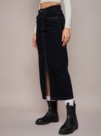 SASSAFRAS BASICS Women Denim Front-Slit A-Line Midi Skirt