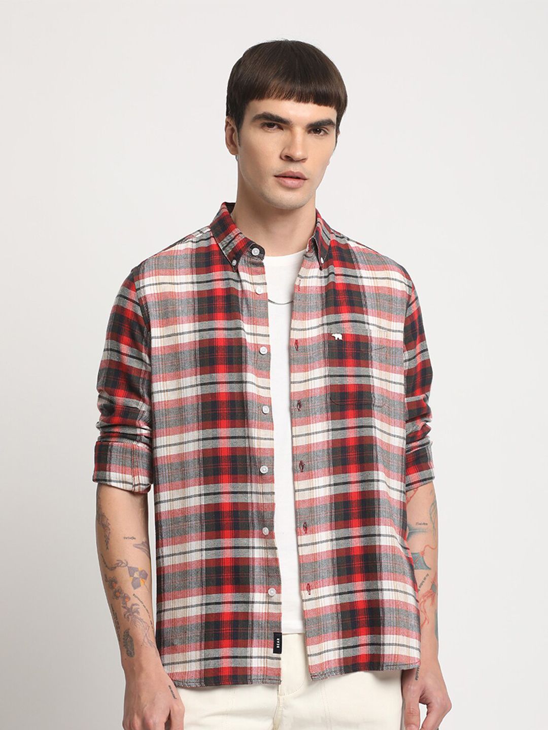 THE BEAR HOUSE Slim Fit Tartan Checks Opaque Checked Cotton Casual Shirt