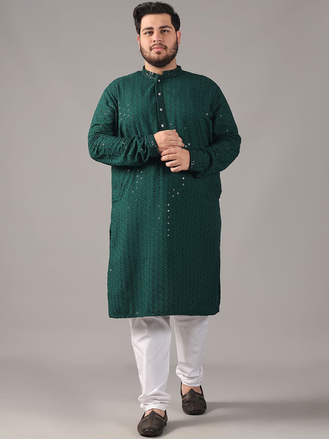 SOJANYA PLUS Plus Size Lelaki Motif Etnik Sulam Kurta Kapas Tulen Bersama Piyama